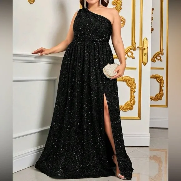 Luxe plus size one shoulder slit thigh party formal prom wedding gown dress - Picture 7 of 8